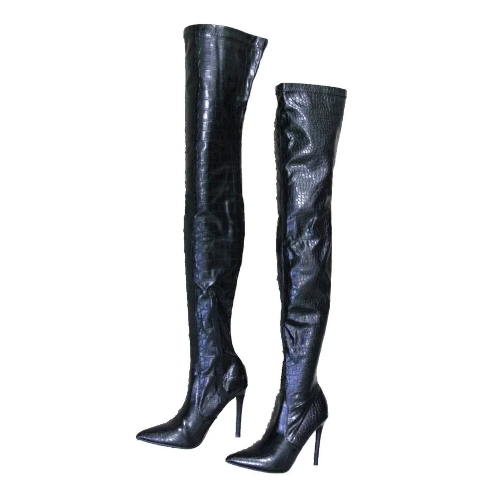 Black Thigh High Alligator Print Stiletto Heel Boots Women's Over the Knee Sz 7